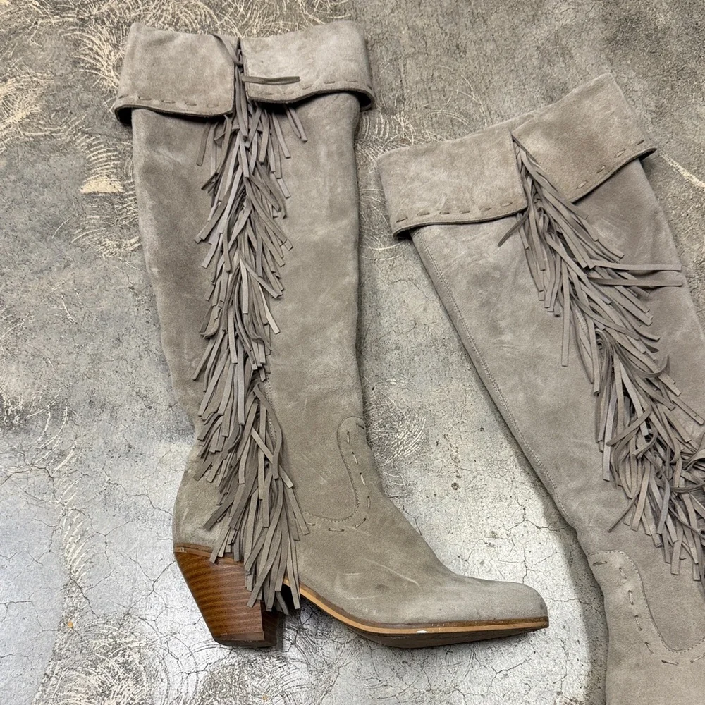 * Sam Edelman Over the Knee Fringe Boots - Gray